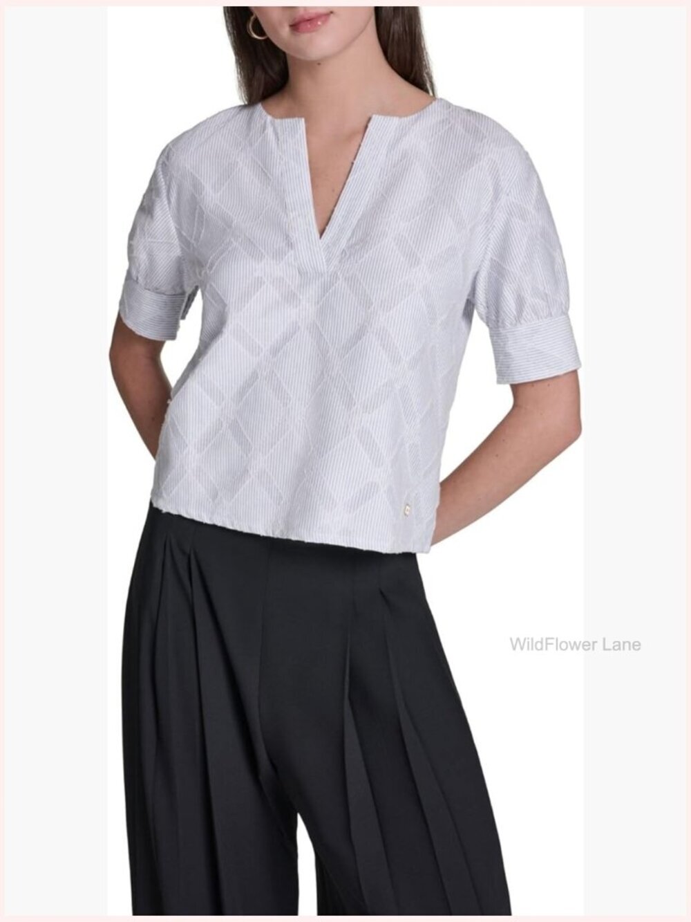Puff Sleeve Textured Poplin V-Neck Blouse Work Top
